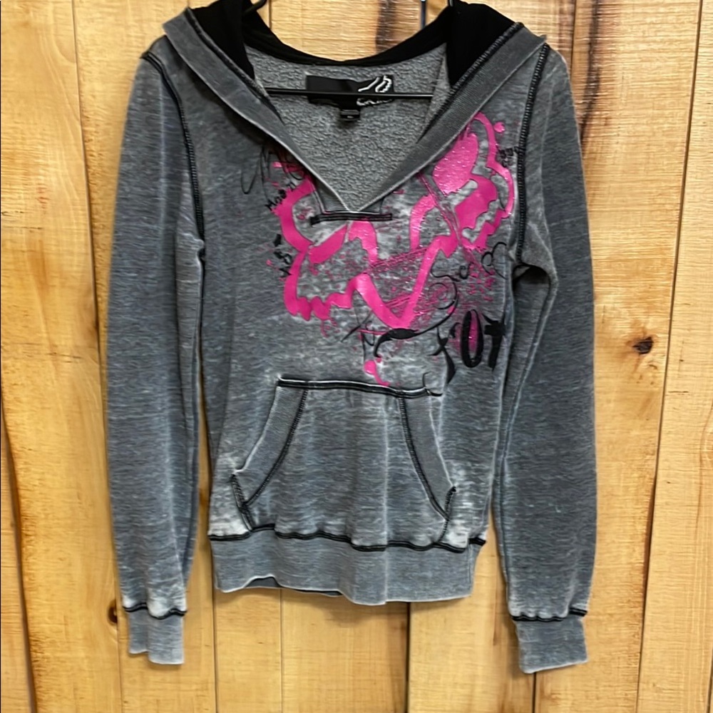 Fox Gray and Pink Graphic Distressed Hoodie